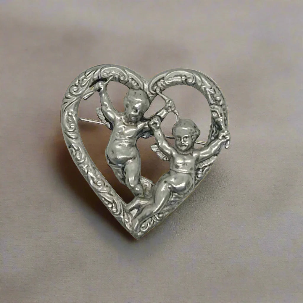 Vintage Renaissance Revival Heart Brooch With Cherubs