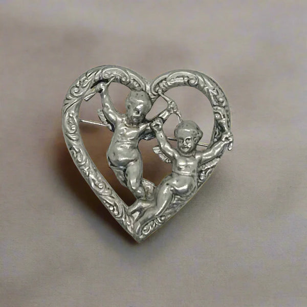 Vintage Renaissance Revival Heart Brooch With Cherubs