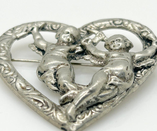 Vintage Renaissance Revival Heart Brooch With Cherubs - Lamoree’s Vintage