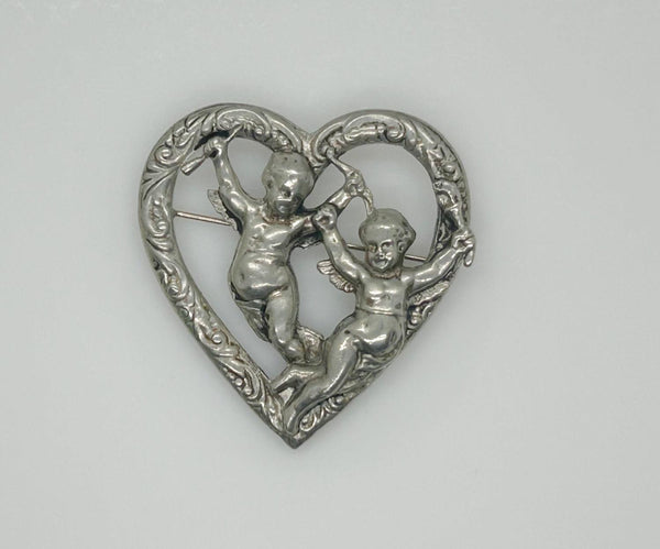 Vintage Renaissance Revival Heart Brooch With Cherubs - Lamoree’s Vintage