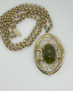 Vintage Whiting Davis Necklace with Dramatic Oval Green Cabochon Pendant - Lamoree’s Vintage