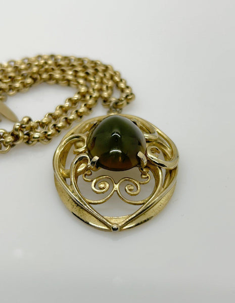 Vintage Whiting Davis Necklace with Dramatic Oval Green Cabochon Pendant - Lamoree’s Vintage