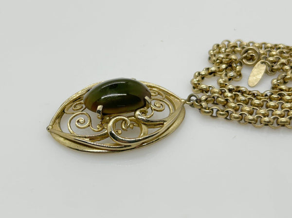 Vintage Whiting Davis Necklace with Dramatic Oval Green Cabochon Pendant - Lamoree’s Vintage