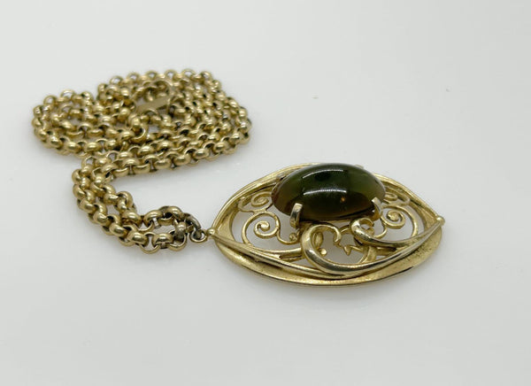 Vintage Whiting Davis Necklace with Dramatic Oval Green Cabochon Pendant - Lamoree’s Vintage