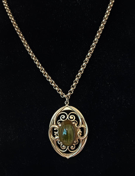 Vintage Whiting Davis Necklace with Dramatic Oval Green Cabochon Pendant - Lamoree’s Vintage