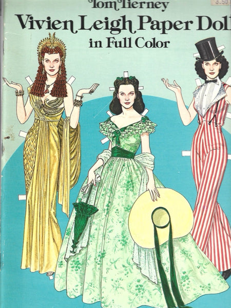 Vivien Leigh paper dolls with costumes on a blue background