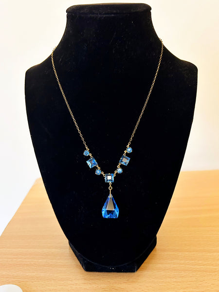 Vintage Art Deco Drop Blue Glass Necklace