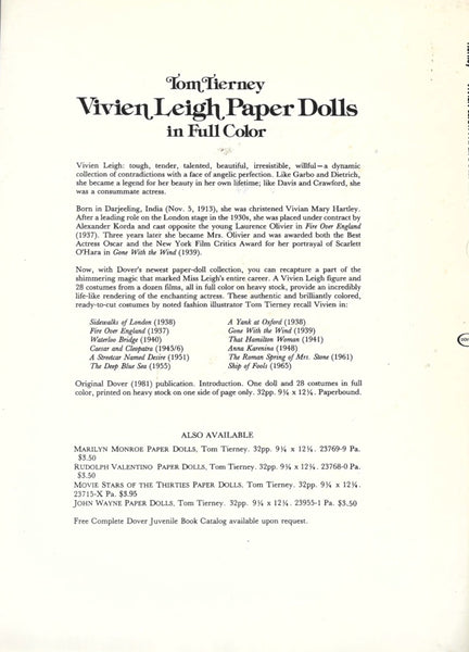  Vivien Leigh Paper Dolls in Full Color, is a vintage 1981 first-edition set created by illustrator Tom Tierney