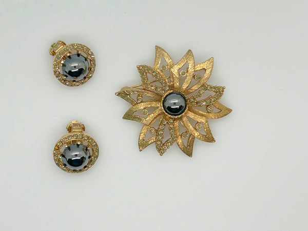 Vintage Flower Brooch and Earring Set with Luminous Black Glass Stones