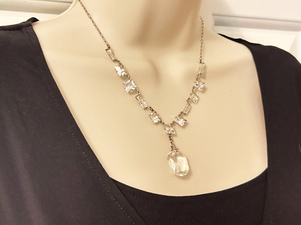 Antique Clear Crystal Sparkling Sterling Necklace with Glittering Drop
