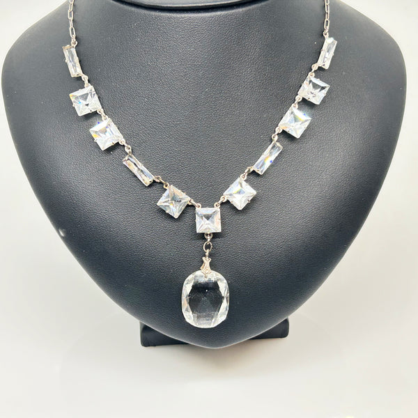 Antique Clear Crystal Sparkling Sterling Necklace with Glittering Drop