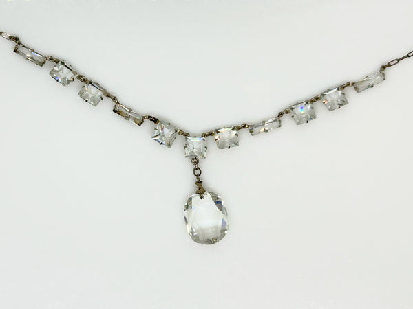 Antique Clear Crystal Sparkling Sterling Necklace with Glittering Drop