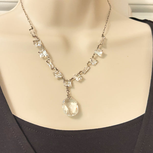 Antique Clear Crystal Sparkling Sterling Necklace with Glittering Drop