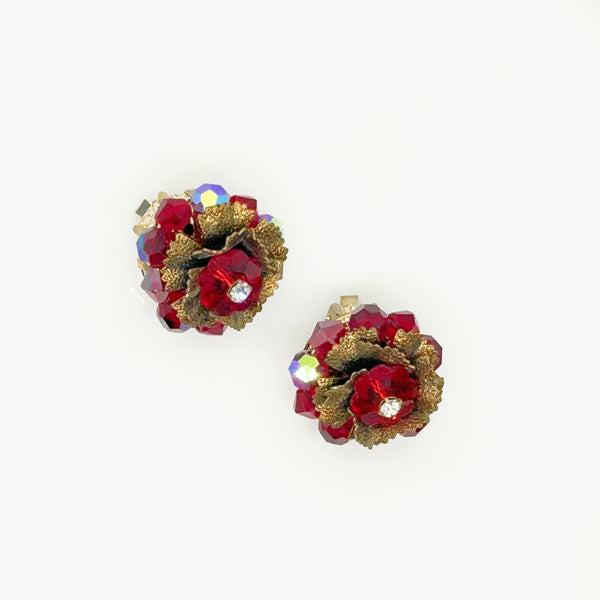 Unusual Vintage Red Faceted Red Stone Floral Brooch and Earring Set