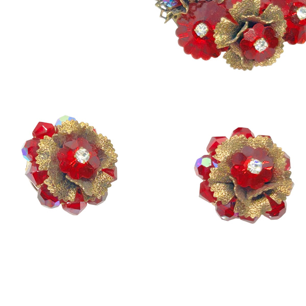 Unusual Vintage Red Faceted Red Stone Floral Brooch and Earring Set