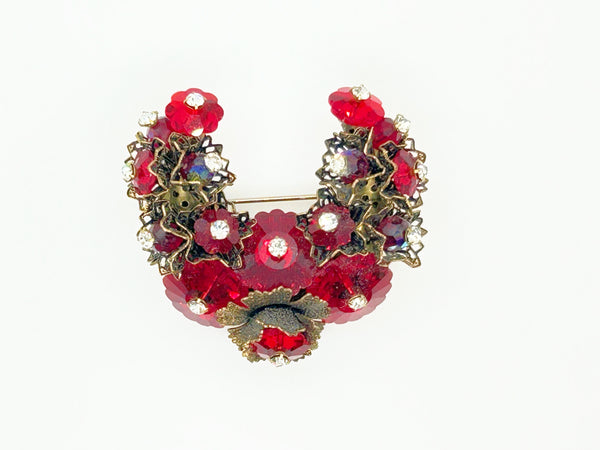 Unusual Vintage Red Faceted Red Stone Floral Brooch and Earring Set