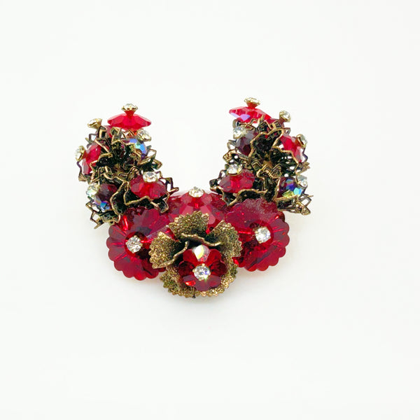 Unusual Vintage Red Faceted Red Stone Floral Brooch and Earring Set