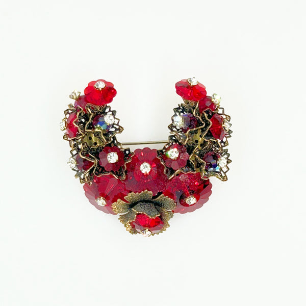 Unusual Vintage Red Faceted Red Stone Floral Brooch and Earring Set