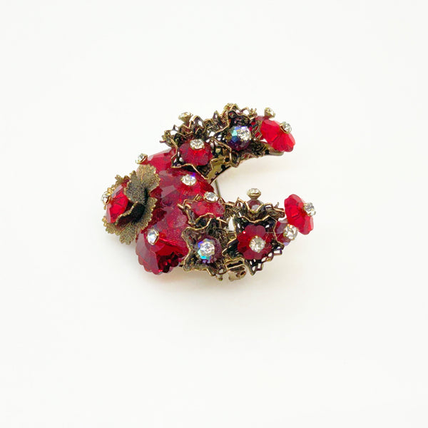 Unusual Vintage Red Faceted Red Stone Floral Brooch and Earring Set