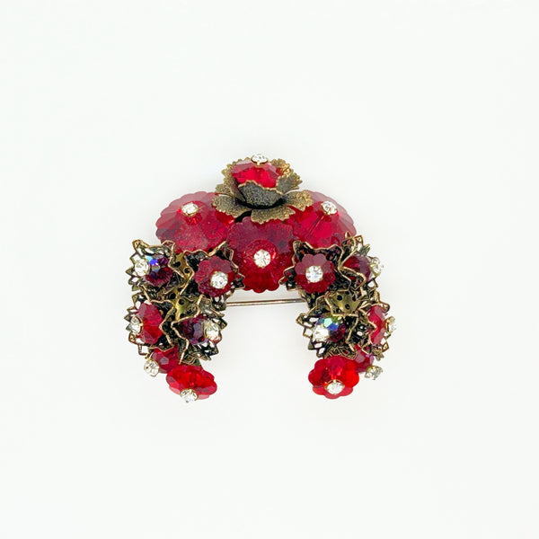 Unusual Vintage Red Faceted Red Stone Floral Brooch and Earring Set