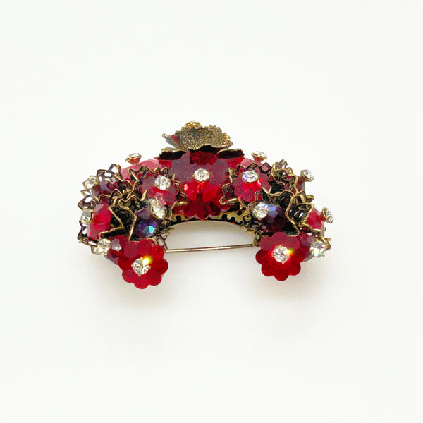 Unusual Vintage Red Faceted Red Stone Floral Brooch and Earring Set