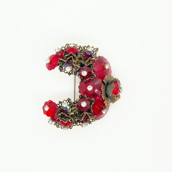 Unusual Vintage Red Faceted Red Stone Floral Brooch and Earring Set