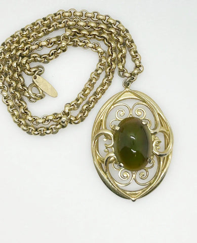 Vintage Whiting Davis Necklace with Dramatic Oval Green Cabochon Pendant