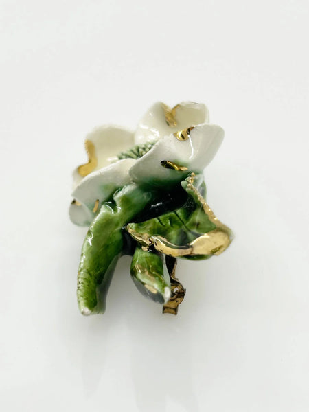 Vintage Enameled White Flower Brooch with Gold Tipped Petals