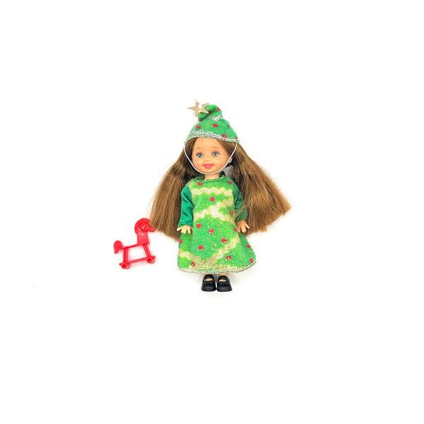 2001 Mattel Barbie Kelly Club Christmas Tree Chelsie doll, vintage collectible holiday ornament figure featuring green festive gown with gold star topper and miniature red rocking horse toy accessory
