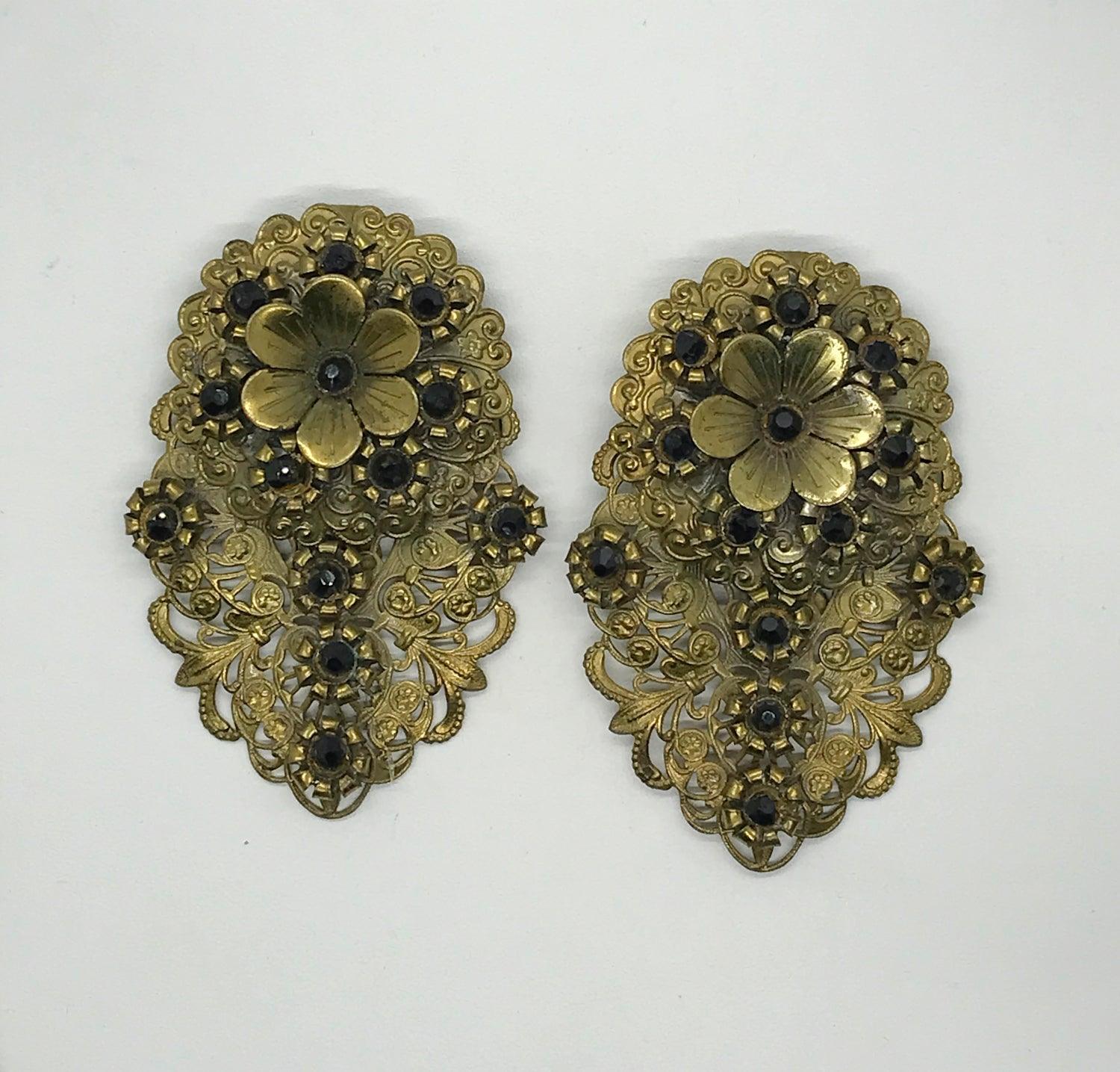 Antique Victorian Elaborate Dress Clips with Filigree and Black Stones