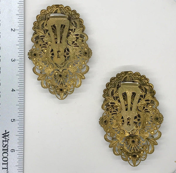 Antique Victorian Elaborate Dress Clips with Filigree and Black Stones