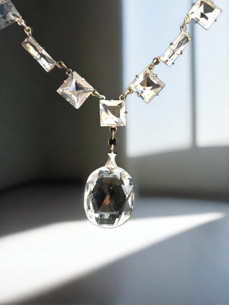 Antique Clear Crystal Sparkling Sterling Necklace with Glittering Drop - Lamoree’s Vintage