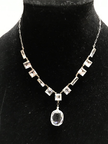 Antique Clear Crystal Sparkling Sterling Necklace with Glittering Drop - Lamoree’s Vintage