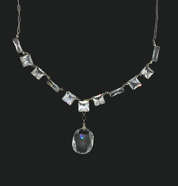 Antique Clear Crystal Sparkling Sterling Necklace with Glittering Drop - Lamoree’s Vintage