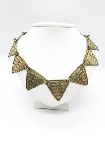 Bold Tri-Tone Indian Geometric Metal Necklace - Lamoree’s Vintage