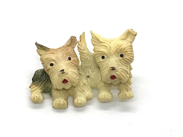 Celluloid Double Trouble Terrier Vintage Dog Brooch with Tilting Heads - Lamoree’s Vintage