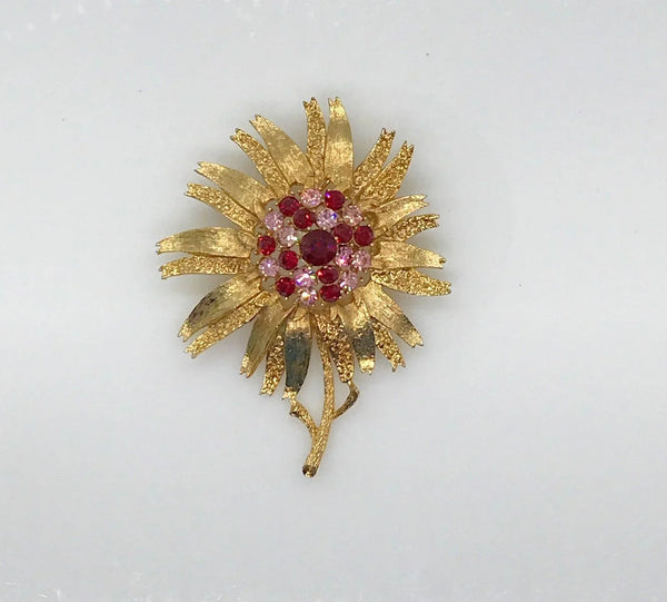 Coro Domed Floral Brooch with Pink and Purple Stones - Lamoree’s Vintage