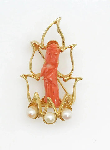Elegant Asian Lady Coral and Pearl Brooch - Lamoree’s Vintage