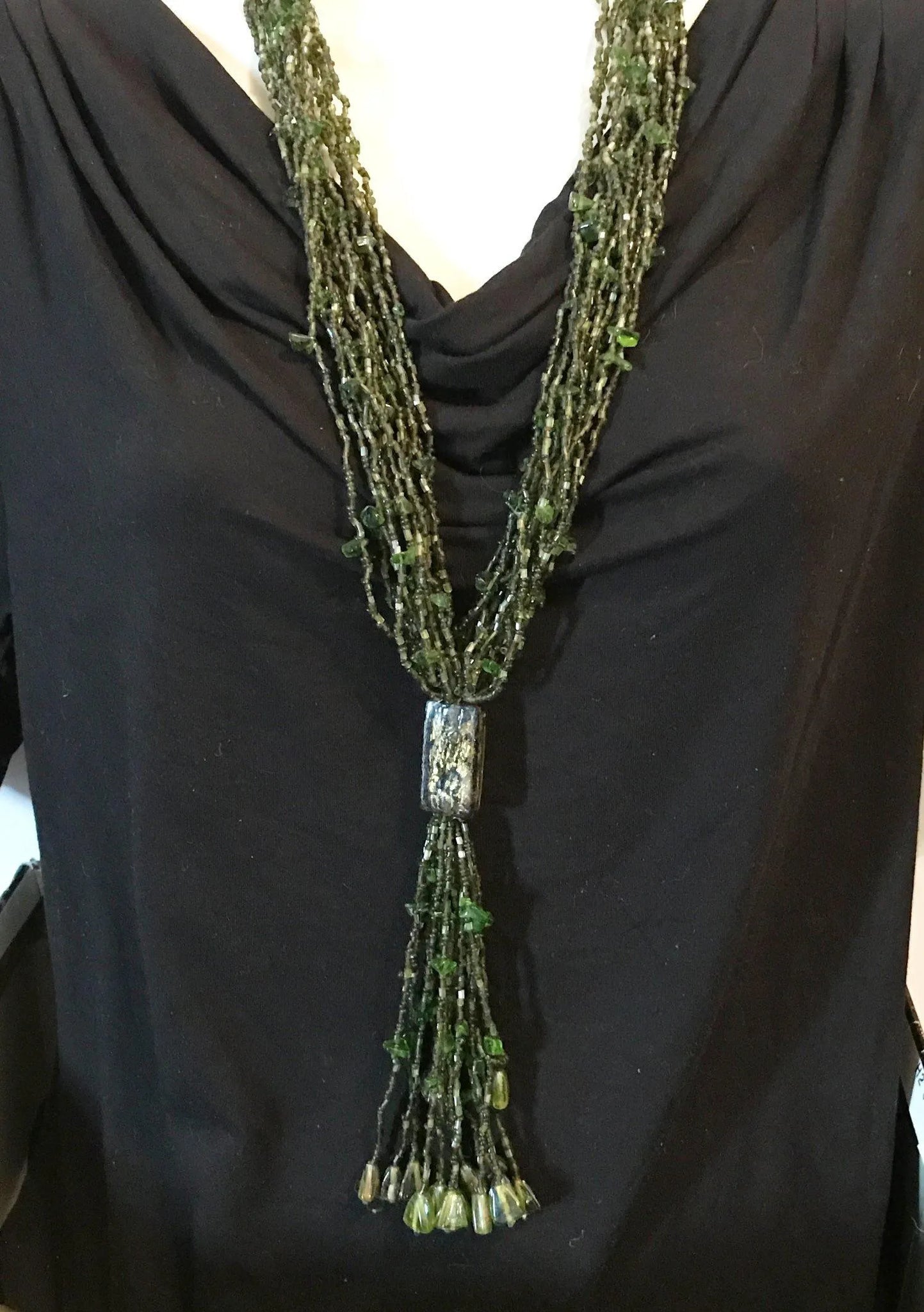 Long 1920s-30s Green Multi Strand Glass Beads Necklace - Lamoree’s Vintage