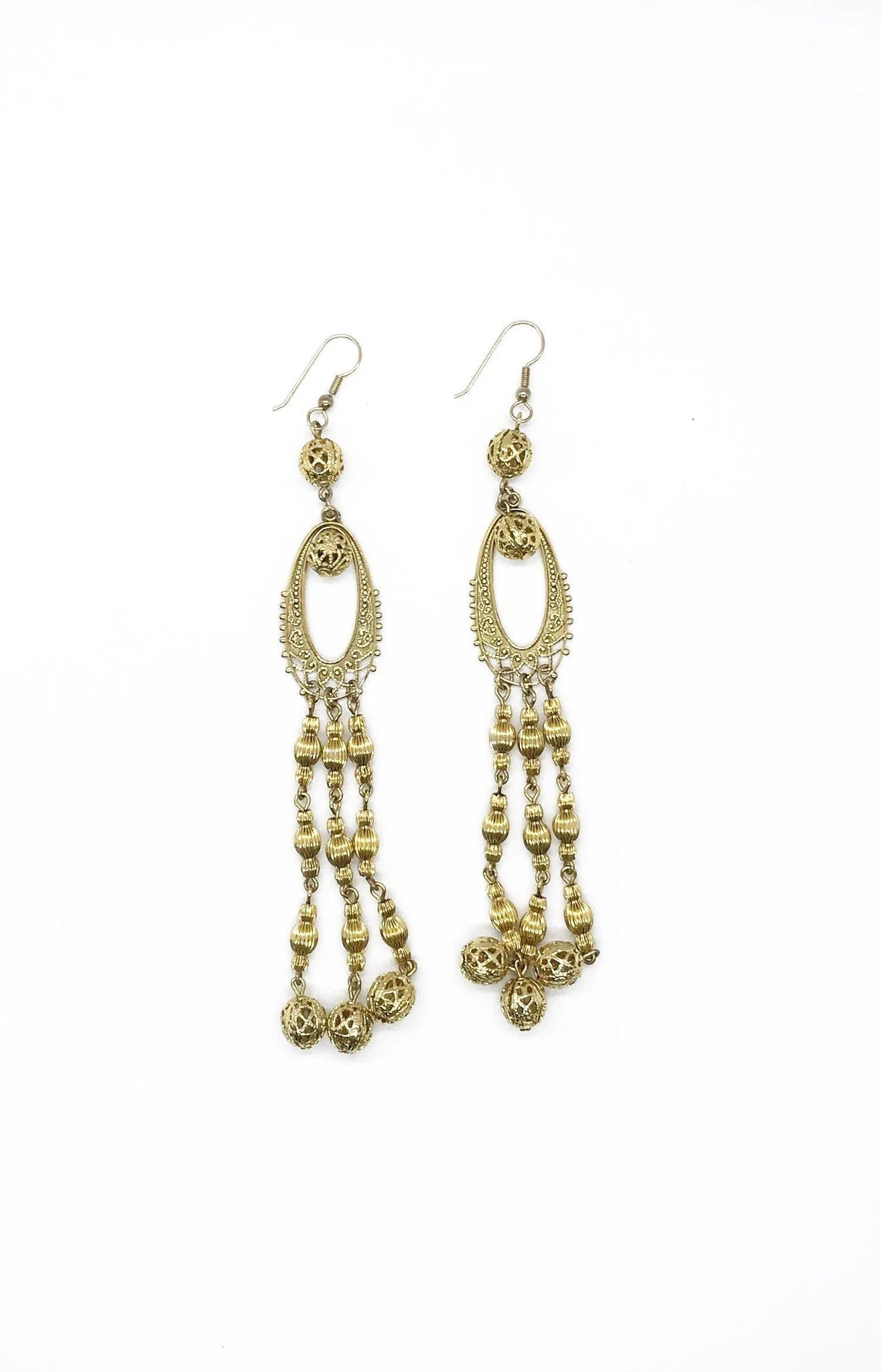 Long Elaborate Gold Filigree Bead Earrings - Lamoree’s Vintage