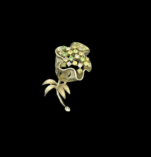 Outstanding Coro Silvery Floral Green Rhinestone Brooch - Lamoree’s Vintage