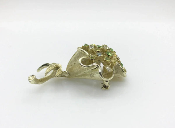 Outstanding Coro Silvery Floral Green Rhinestone Brooch - Lamoree’s Vintage
