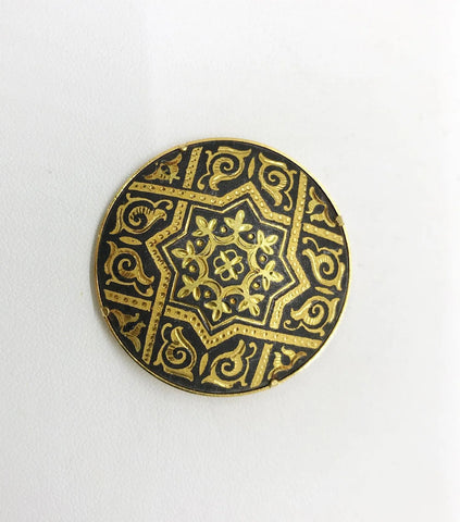 Striking Black and Gold Geometric Vintage Round Damascene Brooch - Lamoree’s Vintage
