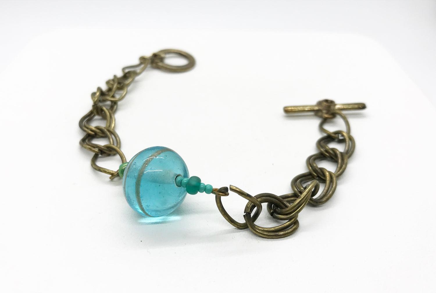 Unique Vintage Double Link Bracelet with Clear Aqua Blue Marble - Lamoree’s Vintage