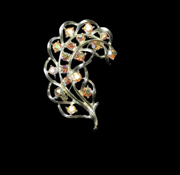 Vintage Feather Brooch with Iridescent Golden Rhinestone Detail - Lamoree’s Vintage