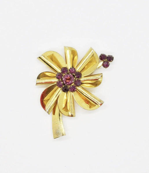 Vintage Flower Brooch of Sterling Silver with Purple Rhinestones - Lamoree’s Vintage