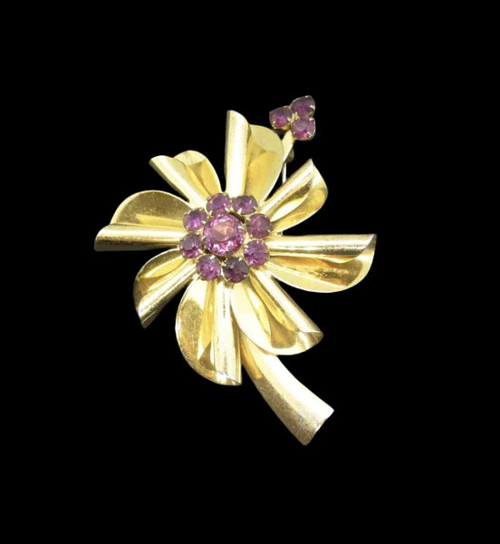 Vintage Flower Brooch of Sterling Silver with Purple Rhinestones - Lamoree’s Vintage