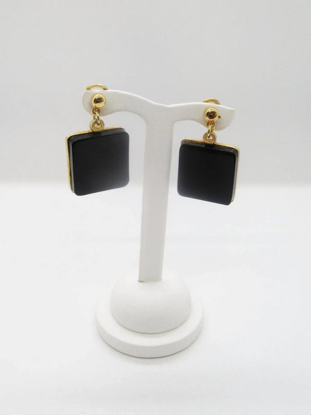 Vintage Modernist Dangling Square Black Disc Clip Earrings - Lamoree’s Vintage