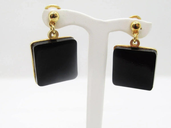 Vintage Modernist Dangling Square Black Disc Clip Earrings - Lamoree’s Vintage
