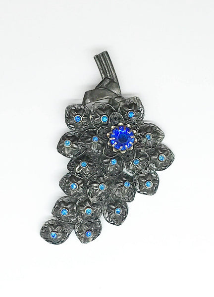 Vintage Pewter Tone Blue Rhinestone Floral Brooch - Lamoree’s Vintage